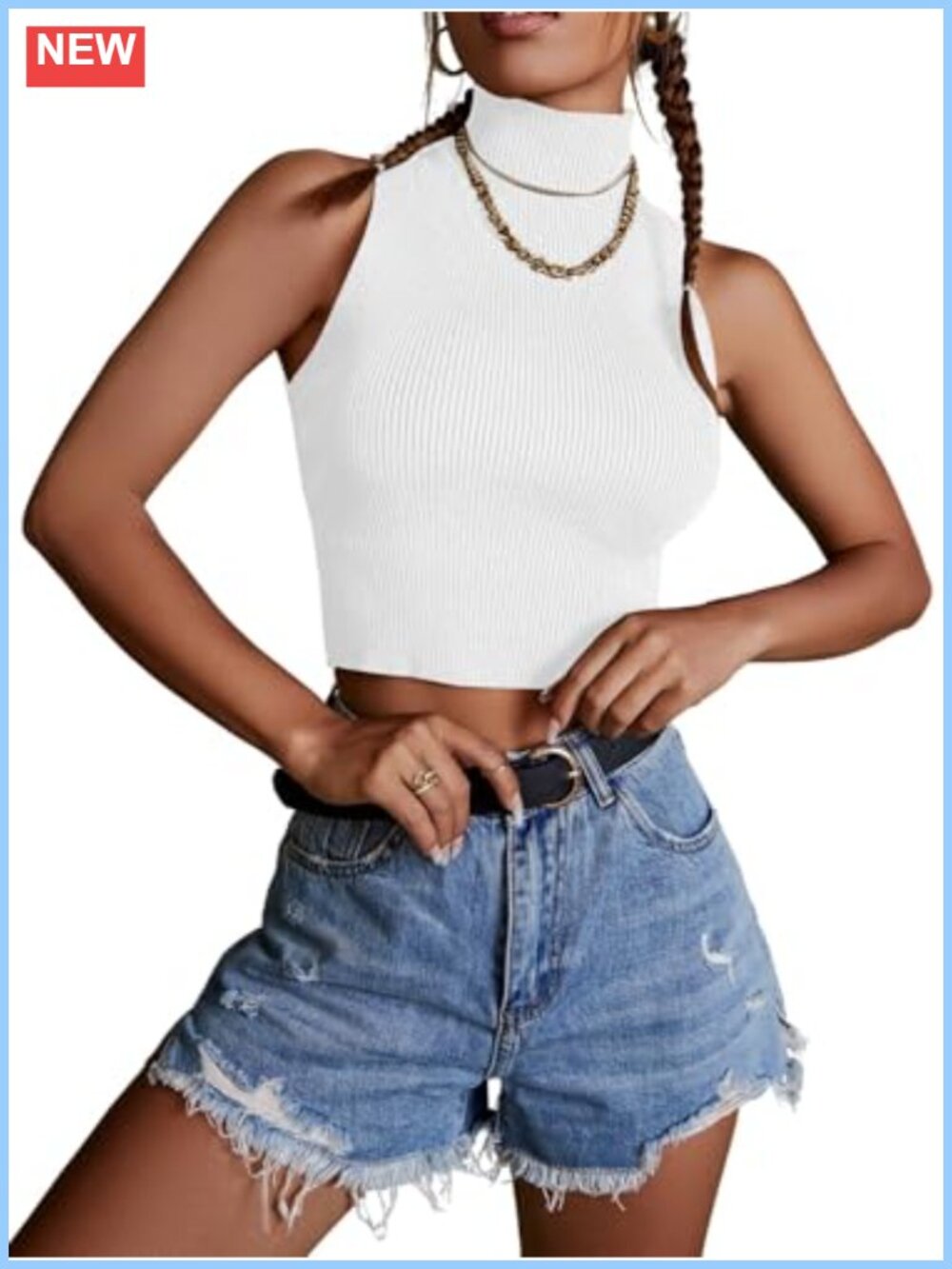 Sleeveless Mock Neck Ribbed Knit Crop Tank Top Fitted Casual